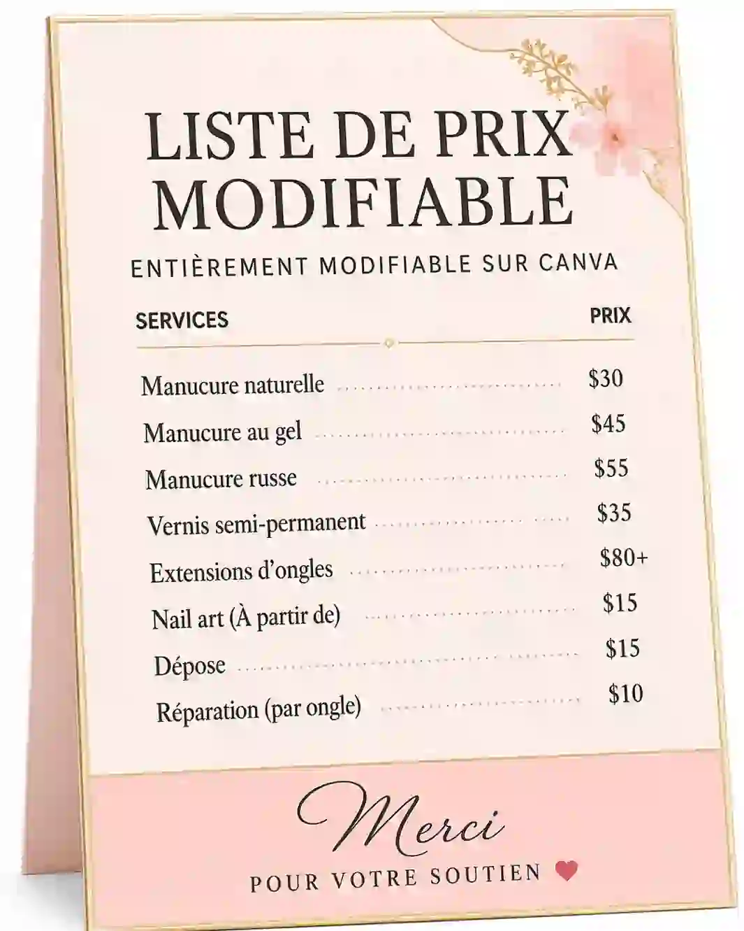 Bonus : liste de prix modifiable sur Canva