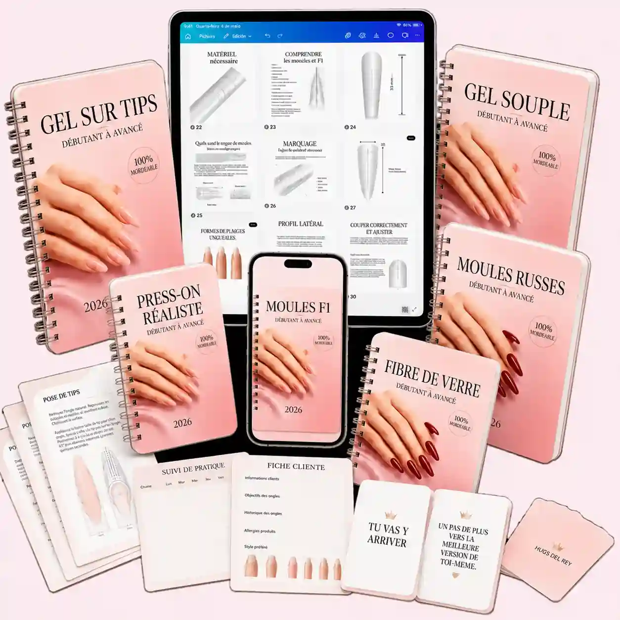 Les 6 manuels d'onglerie modifiables : Gel sur Tips, Gel Souple, Moules Russes, Press-On Réaliste, Moules F1 et Fibre de Verre